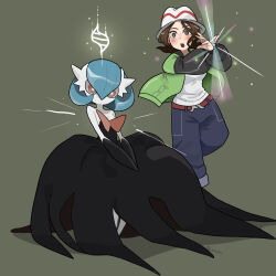 Rule 34 | 1girl, alternate color, black dress, black gloves, blue hair, bob cut, brown hair, colored skin, dress, elbow gloves, gardevoir, gen 3 pokemon, gloves, green jacket, guava art, harmony (pokemon), hat, highres, jacket, mega evolution symbol, mega gardevoir, mega pokemon, nintendo, orange eyes, pokemon, pokemon (creature), pokemon legends: z-a, shiny pokemon, shirt, signature, simple background, strapless, strapless dress, white shirt, white skin