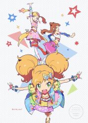 Rule 34 | 3girls, :d, :o, aikatsu! (series), aikatsu stars!, arm up, armpits, asymmetrical footwear, bare shoulders, blonde hair, blue sleeves, boots, bow, brown hair, clenched hand, copyright notice, cropped shirt, detached sleeves, dot nose, fingerless gloves, floating hair, fluffy hair, from above, from side, gloves, gradient hair, green eyes, hair bow, highres, jacket, long hair, looking ahead, looking at viewer, looking to the side, medium skirt, midriff, multicolored clothes, multicolored hair, multiple girls, nijino yume, nikaido yuzu, open clothes, open hand, open jacket, open mouth, orange eyes, outstretched arm, outstretched arms, pink hair, pink shirt, pink skirt, polka dot, polka dot background, red footwear, rii (mrhc7482), saotome ako, shirt, short sleeves, sideways mouth, skirt, sleeveless, sleeveless shirt, smile, solo focus, spread arms, spread fingers, standing, standing on one leg, star (symbol), thigh boots, thighhighs, twintails, twitter username, two-tone hair, v-shaped eyebrows, watermark, white background, white footwear, white shirt, white thighhighs