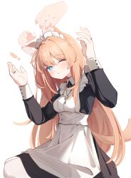 ! 1girl animal_ears black_dress blue_eyes breasts commentary_request commission disembodied_hand dress highres long_hair long_sleeves maid medium_breasts one_eye_closed orange_hair original pantyhose parted_lips pixiv_commission riya_(01214) simple_background solo_focus tail very_long_hair white_background white_pantyhose wolf_ears wolf_girl wolf_tail