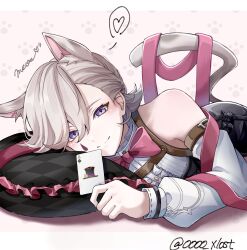 Rule 34 | 1boy, animal ears, bare shoulders, card, cat boy, cat ears, cat tail, genshin impact, grey hair, highres, kuromuru, looking at viewer, lying, lyney (genshin impact), male focus, on stomach, pink ribbon, playing card, purple eyes, ribbon, short hair, simple background, smile, solo, tail, tattoo, teardrop facial mark, teardrop tattoo, white background