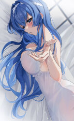 1girl absurdres bare_arms bare_shoulders bed bed_invitation blue_eyes blue_hair blush breast_press breasts commentary cowboy_shot curtains dress fingernails flower from_side goddess_of_victory:_nikke hair_flower hair_intakes hair_ornament hair_spread_out hairband hand_up helm_(nikke) helm_(post-shower_moment)_(nikke) highres humei_92 indoors large_breasts long_hair looking_at_viewer looking_to_the_side lying nightgown official_alternate_costume on_bed on_stomach panties panties_visible_through_clothes reaching reaching_towards_viewer see-through_clothes see-through_dress sidelocks sleeveless sleeveless_dress solo underwear very_long_hair white_dress white_flower white_hairband white_panties
