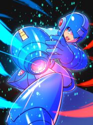 1boy arm_cannon black_background blue_bodysuit blue_eyes blue_helmet bodysuit energy_gun full_body hashtag-only_commentary helmet highres ishigaki_(sora_roxas) male_focus mega_man_(character) mega_man_(classic) mega_man_(series) mega_man_11 mega_man_day solo twitter_username weapon