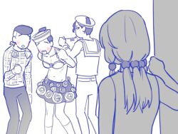 1girl 3boys birthmark blush borrowed_clothes caught cosplay crossdressing dixie_cup_hat embarrassed hat higashikata_josuke_(jojolion) hirose_yasuho hirose_yasuho_(cosplay) joestar_birthmark jojo_no_kimyou_na_bouken jojolion kira_yoshikage_(jojolion) kujo_josefumi looking_back midriff military_hat monochrome multiple_boys no_eyes open_mouth panties reammara sailor skirt time_paradox tooth_gap underwear