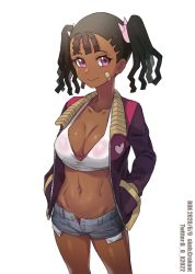 Rule 34 | 1girl, artist name, ayukawa miyuki, bandaid, bandaid on face, basquash!, bikini, black hair, breasts, cleavage, dark-skinned female, dark skin, denim, denim shorts, highres, jacket, large breasts, legs, looking at viewer, midriff, navel, open clothes, open jacket, pink bikini, purple eyes, see-through clothes, shorts, smile, solo, swimsuit, tank top, thighs, toned, twintails, white background, xiangzi box