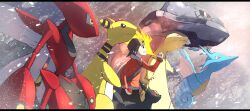 1boy absurdres ampharos backwards_hat baseball_cap black_eyes black_fur colored_sclera colored_skin commentary_request ethan_(pokemon) facial_mark fangs floating forehead_mark gen_2_pokemon hat highres holding holding_poke_ball kingdra letterboxed nintendo poke_ball pokemon pokemon_(creature) pokemon_hgss red_eyes red_sclera scizor snowing steelix tail typhlosion umbreon v-shaped_eyebrows yellow_eyes yellow_skin zeroartwo