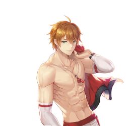 1boy abs absurdres artist_request brown_hair clause_(king&#039;s_raid) commentary commentary_request cowboy_shot detached_sleeves english_commentary green_eyes highres jacket jacket_over_shoulder king&#039;s_raid korean_commentary male_focus male_swimwear mixed-language_commentary official_alternate_costume official_art red_jacket red_male_swimwear second-party_source short_hair simple_background smile solo unworn_jacket whistle whistle_around_neck white_background white_male_swimwear white_sleeves