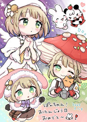 1boy :o ;) alternate_costume animal_ear_headwear beret blonde_hair bob_cut brown_shorts carbuncle_(reverse:1999) creature dated ezra_theodore fake_animal_ears gloves green_eyes grey_gloves hands_up happy_birthday hat highres holding holding_creature male_focus multiple_views mushroom_hat one_eye_closed own_hands_together panda pink_hat rabbit red_hat reverse:1999 shirt short_hair shorts smile wanekko_(hanekoro) white_hat white_shirt white_wings wings