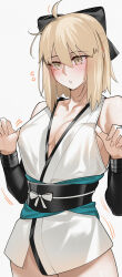 1girl absurdres adjusting_clothes ahoge aqua_sash arm_guards bare_shoulders black_arm_warmers black_ribbon black_sash blonde_hair blush bottomless breasts cleavage cowboy_shot fate/grand_order fate_(series) flying_sweatdrops grey_eyes hair_ribbon highres japanese_clothes kamisato_sora kimono koha-ace looking_down medium_breasts medium_hair motion_lines obi okita_souji_(fate) okita_souji_(koha-ace) open_mouth ribbon sash short_kimono simple_background sleeveless sleeveless_kimono solo standing sweat white_background white_kimono white_mouth