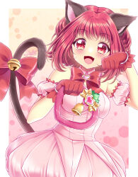 1girl animal_ears blush bow breasts cat_ears cat_girl cat_tail cleavage dress gloves highres holding holding_weapon jingle_bell_tail looking_at_viewer magical_girl medium_breasts mew_ichigo momomiya_ichigo open_mouth paw_pose pink_background pink_bow pink_dress red_eyes red_gloves red_hair shirato_sayuri simple_background smile solo strapless strapless_dress strawbell_bell tail tokyo_mew_mew tokyo_mew_mew_new weapon