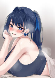 1girl absurdres alternate_hairstyle amai-pai armpit_crease blue_eyes blue_hair blue_ribbon blue_sports_bra blush bow bow_earrings breasts choppy_bangs colored_inner_hair commentary earrings english_commentary fanged_bangs hair_intakes hair_ribbon highres hololive hololive_english huge_breasts jewelry looking_at_viewer lying mixed-language_commentary multicolored_hair on_stomach ouro_kronii ponytail ribbon sideboob solo sports_bra sweat teeth under_covers upper_teeth_only very_sweaty virtual_youtuber