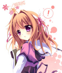 Rule 34 | !, 1girl, :o, blush, brown hair, character name, female focus, hair intakes, highres, hisagiyuu, ichinose mio (koi ga saku koro sakura doki), koi ga saku koro sakura doki, long hair, purple eyes, solo, spoken exclamation mark