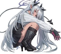 absurdres blue_archive high_heels highres hongchamashu iori_(blue_archive) long_hair long_sleeves looking_at_viewer pointy_ears red_eyes shirt skirt squatting tail white_background