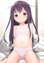 Rule 34 | 1girl, akatsuki (kancolle), bare arms, bare legs, bare shoulders, barefoot, bed sheet, blush, closed mouth, collarbone, dx (dekusu), flat chest, futon, garter straps, groin, hair between eyes, highres, kantai collection, long hair, navel, panties, purple eyes, purple hair, sitting, solo, underwear, underwear only, wariza, white panties