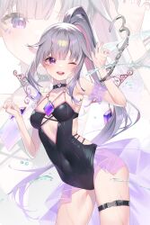 Rule 34 | 1girl, :d, absurdres, arm scrunchie, armpits, bikini, black bikini, black one-piece swimsuit, breasts, buckle, chest jewel, choker, commentary, contrapposto, covered navel, cowboy shot, cuffs, cutout above navel, detached wings, english commentary, gem, gradient hair, grey hair, handcuffs, heart, heart o-ring, highres, hololive, hololive english, holonatsu paradise, jewel under eye, koseki bijou, koseki bijou (holonatsu paradise), lightenbee, long hair, medium breasts, multicolored hair, o-ring, o-ring choker, official alternate costume, official alternate hairstyle, one-piece swimsuit, one eye closed, open mouth, ponytail, purple eyes, purple gemstone, purple hair, purple scrunchie, purple skirt, scrunchie, see-through clothes, see-through skirt, showgirl skirt, sidelocks, skirt, smile, solo, splashing, swimsuit, teeth, thigh strap, upper teeth only, very long hair, white background, wings, zoom layer