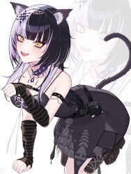 1girl absurdres animal_ears arm_strap black_arm_warmers black_boots black_choker black_dress black_hair black_thighhighs boots breasts cat_ears cat_girl cat_tail choker cleavage commentary danz dress english_commentary fangs grey_hair highres hololive hololive_english long_hair medium_breasts multicolored_hair open_mouth ribbon shiori_novella shiori_novella_(1st_costume) single_thighhigh solo split-color_hair striped_arm_warmers tail teeth thighhighs two-tone_hair virtual_youtuber white_ribbon yellow_eyes zoom_layer