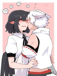 ! !! !? 2girls ? animal_ears bare_shoulders black_hair black_wings blush closed_eyes detached_sleeves ear_blush embarrassed highres hug inubashiri_momiji licking licking_another&#039;s_face medium_hair min.k multiple_girls muscular one_eye_closed open_mouth pink_background pointy_ears red_eyes shameimaru_aya shirt short_hair short_sleeves sleeveless sleeveless_shirt tail touhou upper_body white_hair white_shirt wings wolf_ears wolf_girl wolf_tail yuri