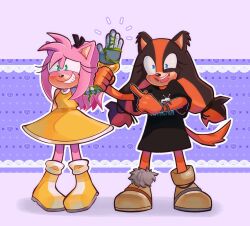 1girl 2girls alternate_costume amy_rose animal_ears animal_nose badger_ears badger_girl badger_tail black_ribbon black_shirt blue_eyes boots bracelet brown_fur brown_hair brown_shoes dress full_body furry furry_female gold_bracelet green_eyes hedgehog_girl highres jewelry long_hair looking_at_viewer low-tied_long_hair multicolored_hair multiple_girls open_mouth orange_fur orange_hair pink_fur pink_hair prosthesis prosthetic_arm purple_background ribbon shirt shoes simple_background sonic_(series) sonic_boom_(series) spidercheetos standing sticks_the_badger teeth two-tone_hair yellow_dress yellow_shoes