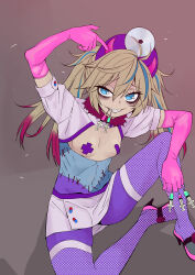 1girl absurdres bandaid bandaids_on_nipples blue_eyes blue_hair breasts commentary_request crossed_bandaids fishnet_thighhighs fishnets grey_hair grin gujira high_heels highres holding holding_syringe indie_virtual_youtuber kasukabe_tsukushi long_hair looking_at_viewer multicolored_hair nurse pasties pointing pointing_at_self purple_hair sitting small_breasts smile solo streaked_hair syringe teeth thighhighs twintails virtual_youtuber