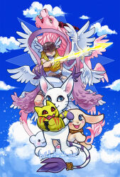 Rule 34 | angel, angel girl, angewomon, animal ears, cat, cat ears, digimon, digimon (creature), gloves, head wings, highres, holy ring, holydramon, long hair, mask, nyaromon, plotmon, tail, tailmon, wings, yukimibotamon