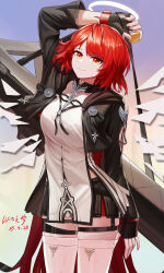 1girl absurdres arknights arm_up black_gloves black_jacket cowboy_shot dress energy_wings exusiai_(arknights) exusiai_the_new_covenant_(arknights) fingerless_gloves gloves halo highres holding jacket long_sleeves looking_at_viewer medium_hair open_clothes open_jacket red_hair smile solo thighhighs white_dress white_halo white_thighhighs yellow_eyes yitai_zhi_meng
