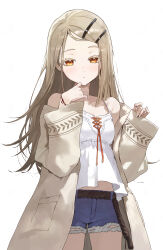 1girl absurdres bare_shoulders blue_shorts blush brown_hair brown_jacket camisole colored_eyelashes commentary_request cowboy_shot denim denim_shorts earrings gakuen_idolmaster hair_ornament highres idolmaster jacket jewelry long_hair long_sleeves looking_at_viewer midriff_peek off_shoulder open_clothes open_jacket orange_eyes shinosawa_hiro shorts simple_background solo stud_earrings swept_bangs toi1et_paper white_background white_camisole