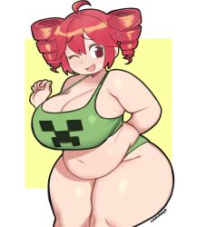 Rule 34 | 1girl, ahoge, alternate body size, alternate breast size, arm behind back, bare shoulders, belly, breasts, cleavage, creeper, drill hair, fat, fat woman, fatass teto (meme), green panties, green shirt, highres, huge breasts, kasane teto, kasane teto (utau), lulalamoo, meme, minecraft, navel, one eye closed, open mouth, panties, plump, red eyes, red hair, shirt, smile, solo, thick arms, thick thighs, thighs, twin drills, underwear, utau, white background, wide hips, yellow background