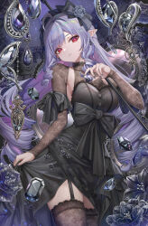 1girl absurdres alternate_costume armpit_crease black_dress black_flower black_gemstone black_nails black_thighhighs breasts commentary_request cowboy_shot dress earrings fingernails flower gem highres holding holding_gem holding_umbrella jewelry lace lace-trimmed_thighhighs lace_trim large_breasts long_hair looking_at_viewer mole mole_under_eye multicolored_hair nail_polish parted_lips pointy_ears purple_umbrella red_eyes sidelocks solo streaked_hair thighhighs thighs torino_aqua umbrella vivian_banshee zenless_zone_zero