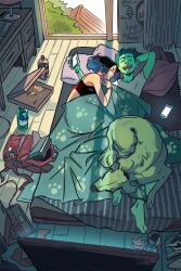 1boy 1girl backpack bag beast_boy_(dc) blue_hair blue_lips cellphone colored_skin couple dc_comics dog food gabriel_picolo gabriel_picolo_(artist) green_hair green_skin happy hug morning notebook phone pizza pointy_ears raven_(dc) shoes sleeping smile soda sunlight teen_titans