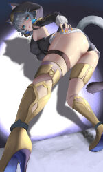 1girl absurdres animal_ear_fluff animal_ears ann_(enye5842) ass black_gloves black_leotard blue_eyes boots cat_ears cat_girl cat_tail cipher_(honkai:_star_rail) covered_erect_nipples fingerless_gloves from_behind from_below gloves high_heels highres honkai:_star_rail honkai_(series) hood hood_up leotard long_sleeves looking_at_viewer looking_back shadow short_hair tail tongue tongue_out white_hair yellow_boots