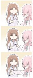 2girls bang_dream! bang_dream!_it&#039;s_mygo!!!!! brown_hair chihaya_anon closed_eyes closed_mouth commentary glasses hand_on_another&#039;s_chest highres long_hair long_sleeves lyy multiple_girls nagasaki_soyo pajamas pink_hair sidelocks yuri zipper_pull_tab