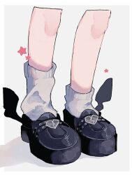 Rule 34 | 1girl, black footwear, border, commentary, english commentary, footwear focus, head out of frame, heart, highres, leg focus, loose socks, makaino ririmu, nijisanji, platform footwear, roll 0212, simple background, socks, solo, star (symbol), virtual youtuber, white background, white border, white socks, winged footwear