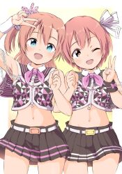 Rule 34 | 2girls, anime coloring, arm up, belt, black skirt, blue eyes, blush, cowboy shot, crop top, hand up, hands up, highres, hoshizora rin, kosaka honoka, looking at viewer, love live!, love live! school idol project, midriff, multiple girls, navel, one eye closed, one side up, open mouth, orange hair, pleated skirt, sen (sen0910), shirt, short hair, skirt, sleeveless, sleeveless shirt, smile, standing, v, white belt, yellow eyes