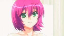 10s animated animated_gif breasts cherry chikuhou_orie cream food fruit green_eyes huge_breasts nipples nude nyotaimori oppai_no_ouja_48 pink_hair smile strawberry