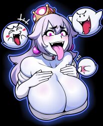 1girl bare_shoulders boo_(mario) breasts cleavage colored_skin detached_sleeves earrings elbow_gloves genderswap genderswap_(mtf) ghost gloves highres jam-orbital jewelry large_breasts light_purple_hair looking_at_viewer mario_(series) new_super_mario_bros._u_deluxe nintendo princess_king_boo super_crown tongue tongue_out white_skin