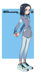 1girl black_hair blue_background blue_eyes comoli_harcourt full_body gundam gundam_gquuuuuux highres jacket leggings long_sleeves looking_at_viewer mole mole_under_eye multicolored_eyes shoes simple_background skirt sneakers solo standing stretching take_(takegarou) two-tone_eyes white_background yellow_eyes