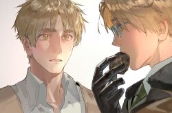 2boys absurdres ahoge america_(hetalia) axis_powers_hetalia black_gloves blonde_hair blue-framed_eyewear blue_eyes brown_jacket brown_vest chinese_commentary collarbone collared_shirt commentary_request dirty dirty_clothes dirty_face eating food fur-trimmed_jacket fur_trim glasses gloves green_eyes green_necktie hand_up highres holding holding_food jacket leather leather_gloves looking_at_another male_focus military_jacket military_uniform multiple_boys necktie semi-rimless_eyewear shirt short_hair simple_background teeth united_kingdom_(hetalia) upper_body vest white_background white_shirt zhongerweiyuan