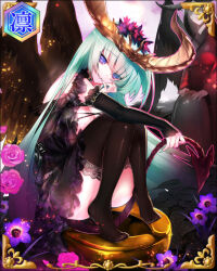 Rule 34 | 1girl, black dress, black wings, blue eyes, demon tail, dress, flower, game cg, grey hair, hair flower, hair ornament, hugging own legs, kneehighs, long hair, looking at viewer, munlu (wolupus), official art, see-through clothes, sengoku bushouki muramasa, sitting, smile, socks, solo, tail, toilet, tokugawa hidetada (sengoku bushouki muramasa), wings