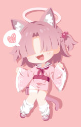 Rule 34 | 1girl, :3, animal ear fluff, animal ears, blue archive, cat ears, cat girl, cat tail, chlorella observation club member (blue archive), commentary, deformed, full body, hair over eyes, halo, heart, japanese clothes, kimono, long sleeves, loose socks, needle (574187457), open mouth, pink hair, pink halo, pink kimono, sailor collar, sandals, socks, solo, speech bubble, spoken heart, tail, white sailor collar, white socks, zouri