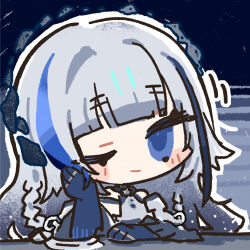 1girl blue_eyes blue_hair blush_stickers chibi chibi_only chinese_commentary cui_pi_zha_xia_qiu darkstar_hubble_(neural_cloud) elbow_rest girls&#039;_frontline girls&#039;_frontline_neural_cloud grey_hair grey_shirt head_rest hubble_(neural_cloud) long_hair looking_at_viewer official_art one_eye_closed second-party_source shirt solo table