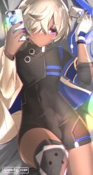1boy absurdres androgynous arlan_(honkai:_star_rail) black_bodysuit blonde_hair blush bodysuit bulge cellphone closed_mouth dark-skinned_male dark_skin erection erection_under_clothes frown gloves hair_over_one_eye highres holding holding_phone honkai:_star_rail honkai_(series) male_focus marky_evan phone purple_eyes purple_nails selfie short_hair single_glove smartphone solo twitter_username white_gloves