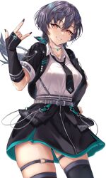 Rule 34 | 1girl, \m/, black hair, black jacket, black necktie, black skirt, black thighhighs, breasts, collarbone, collared shirt, commentary request, cowboy shot, floating hair, grin, hair between eyes, hair ornament, highres, i do me! (love live!), ixianim, jacket, katsuragi izumi, large breasts, link! like! love live!, long hair, love live!, miniskirt, multiple thigh straps, necktie, o-ring, o-ring thigh strap, official alternate costume, open clothes, open jacket, orange eyes, pleated skirt, shirt, short-sleeved jacket, short sleeves, simple background, skindentation, skirt, smile, solo, thigh strap, thighhighs, thumb hole sleeves, virtual youtuber, white background, white shirt, x hair ornament, zettai ryouiki