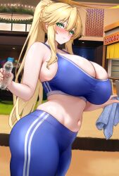 Rule 34 | 1girl, absurdres, ahoge, artoria pendragon (fate), artoria pendragon (lancer) (fate), ass, bare shoulders, blonde hair, blue pants, blue sports bra, blush, bottle, braid, breasts, cleavage, commentary, english commentary, fate/grand order, fate (series), green eyes, hair between eyes, highres, large breasts, long hair, looking at viewer, navel, pants, ponytail, raskasar, sidelocks, solo, sports bra, thighs, tight clothes, tight pants, towel, water bottle, yoga pants