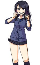 1girl black_eyes black_hair black_socks bubble_tea cardigan grin holding kneehighs long_hair maruput miniskirt original pleated_skirt school_uniform skirt smile socks solo white_background