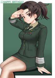 1girl absurdres amanone_yun breasts brown_eyes brown_hair brown_pantyhose collared_shirt dress_shirt girls_und_panzer green_jacket green_necktie green_skirt hachiya_chitose hand_on_ground highres jacket japan_ground_self-defense_force japan_self-defense_force military military_dress_uniform military_uniform miniskirt necktie pantyhose pencil_skirt ponytail salute shirt sitting skirt smile wing_collar yellow_shirt