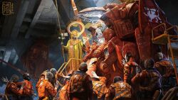 2024 6+boys artist_name bald commentary dofresh english_commentary glowing halo highres holding holding_staff looking_down looking_up mecha multiple_boys open_hands open_hatch original praying realistic robot science_fiction spacesuit staff