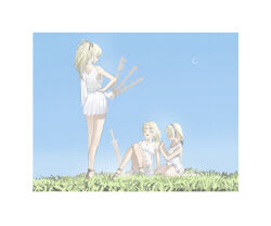 3girls bare_shoulders blonde_hair blue_sky border closed_eyes hairband highres holding holding_weapon jin_yu0810 knees_up long_hair multiple_girls on_ground open_mouth original outdoors sitting sky standing weapon white_border
