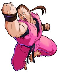 Rule 34 | 1990s (style), 1boy, absurdres, barefoot, belt, bengus, black belt, black undershirt, brown hair, clenched hands, dougi, fingerless gloves, from above, game cg, gloves, hibiki dan, highres, jumping, male focus, martial arts belt, marvel super heroes vs. street fighter, marvel vs. capcom, mma gloves, non-web source, official art, open mouth, ponytail, retro artstyle, simple background, solo, street fighter, teeth, upper teeth only, white background
