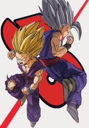 Rule 34 | 2boys, blonde hair, date pun, dated, dougi, dragon ball, dragonball z, finger on forehead, full body, gohan beast, green eyes, grey hair, haihunn58, highres, in-franchise crossover, long hair, makankousappou, male focus, medium hair, multiple boys, muscular, muscular male, number pun, pants, purple pants, purple shirt, red eyes, red sash, sash, shirt, son gohan, spiked hair, super saiyan, super saiyan 2, v-neck