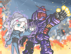 1girl beam_cannon blue_eyes building burning chest_cannon chibi commentary_request debris derivative_work destruction deux_murasame energy energy_gun faceplate finger_cannon firing gundam gundam_gquuuuuux highres machinery mecha mecha_focus mecha_pilot_suit mobile_suit mukago partial_commentary psyco_gundam reactive_armor red_visor robot ruins science_fiction signature sketch smoke v-fin weapon