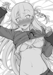 1girl absurdres araki_jeccy blush bra braid breasts cleavage fate/grand_order fate_(series) full-face_blush gloves greyscale highres long_hair looking_at_viewer lying medium_breasts monochrome navel olga_marie_animusphere on_back open_mouth pov rape side_ponytail solo_focus sweat tears teeth underwear